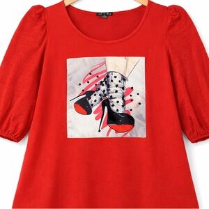 Red Graphic Heels Top 2X | Puff Sleeve Fashion Graphic Tee | a. love story